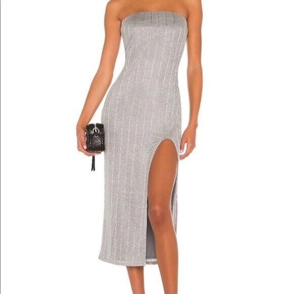 NBD Revolve Joli Strapless Midi In Heathered Grey Side Slit Dress Size XS NWT